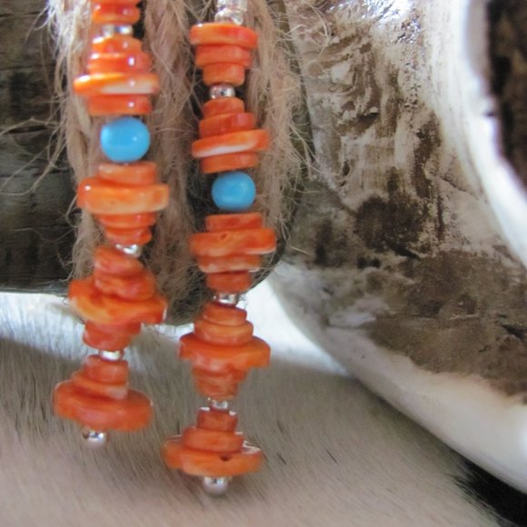 ZUNI HAND MADE SPINY  OYSTER & SLEEPING BEAUTY TURQUOISE EARRINGS - Picture 2 of 16